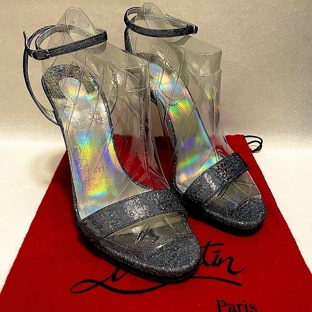 Christian Louboutin LoubiQueen  silver iridescent Glitter disco ball, 100mm EU38